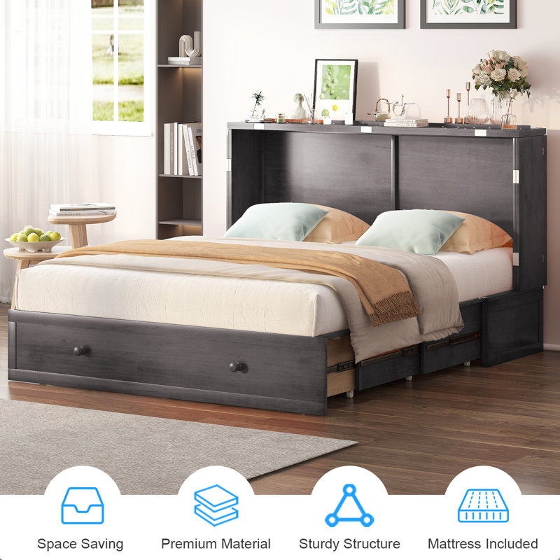 Red Barrel Studio Murphy Bed Cabinet With Built in 3 Charging Station And 2 Storage Drawers Solid Wood Cabinet Bed Queen Size With Mattress Murphy